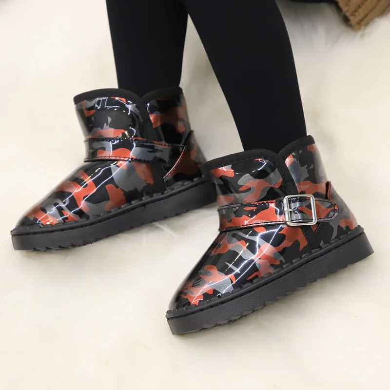JUSTSKL/Новинка; зимние детские ботинки для мальчиков и девочек; бархатная теплая водонепроницаемая детская кожаная обувь; камуфляжная обувь
