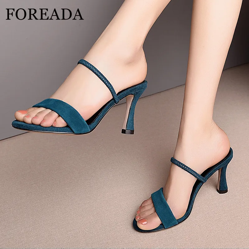 

FOREADA Natural Genuine Leather Slides Thin High Heel Slippers Kid Suede High Heels Open Toe Sandals Female Summer Shoes 33-45