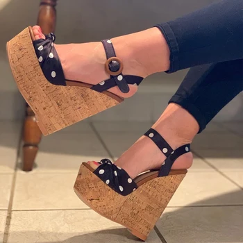 

Onlymaker Women Polka Dot Peep Toe Wedges Platform Sandals Shoes Buckle Strap Pumps For Summer Plus Size