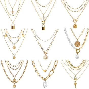 

Punk Big Link Chain Necklace Choker for Women Multi Layered Star Lock Pendant Necklace Statement Jewelry