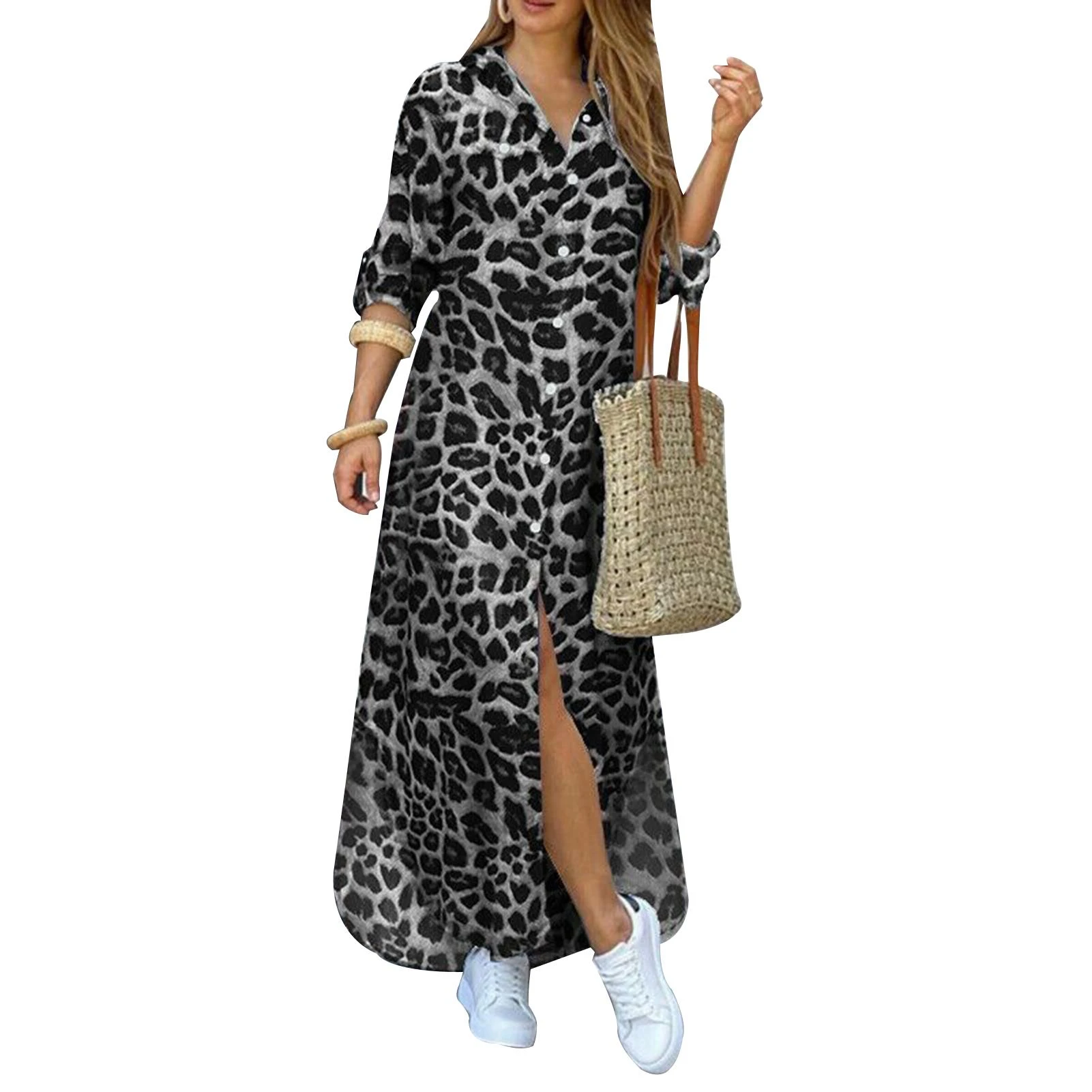 Moda mujer manga larga flores leopardo estampado de camuflaje Split Hem Maxi camisa vestido suelta manga playa Vestidos|Vestidos| - AliExpress