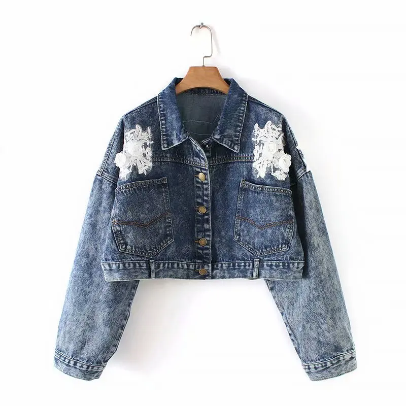 

Spring And Autumn New Products Korean-style Cool Back Flower Stickers Fastener Decoration Short WOMEN'S Denim Coat Wwt59413