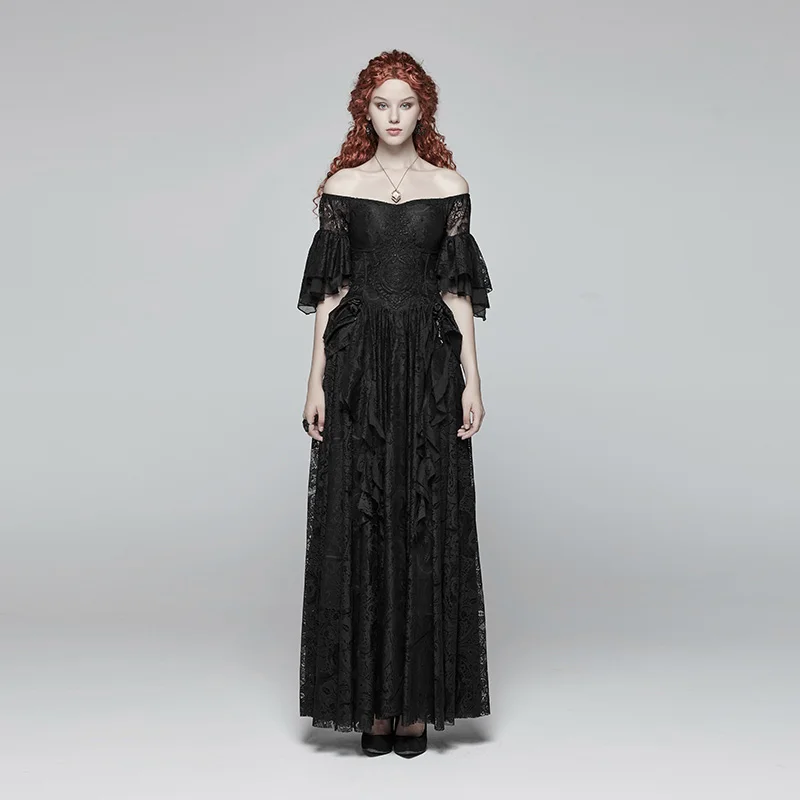 

PUNK RAVE Women's Gorgeous Victorian Dress lace Sexy Off The Shoulder Party Evening Dinner Long Black Dress