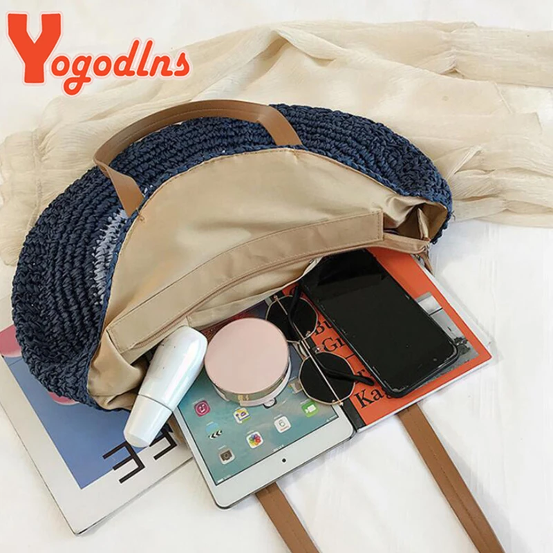 Yogodlns Summer Straw Bag Women Round Beach Bag Woven Handmade Rattan Shoulder Vacation Large Capacity Handle Bolso Sac