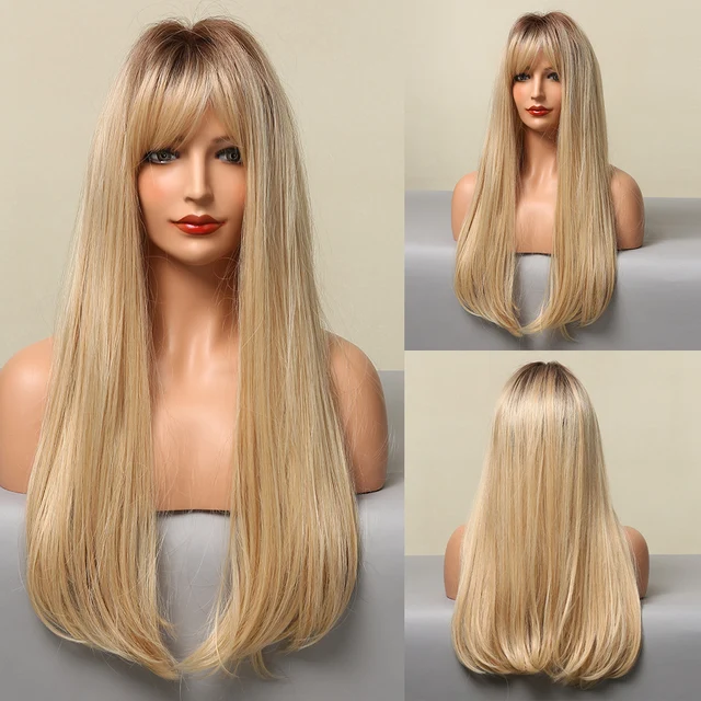 LOUIS FERRE Highlight Colored Wig for Women Long Wave Brown Blonde Ombre Bob Hair Wig with Bangs Daily Heat Resistant Fibre wig lc021