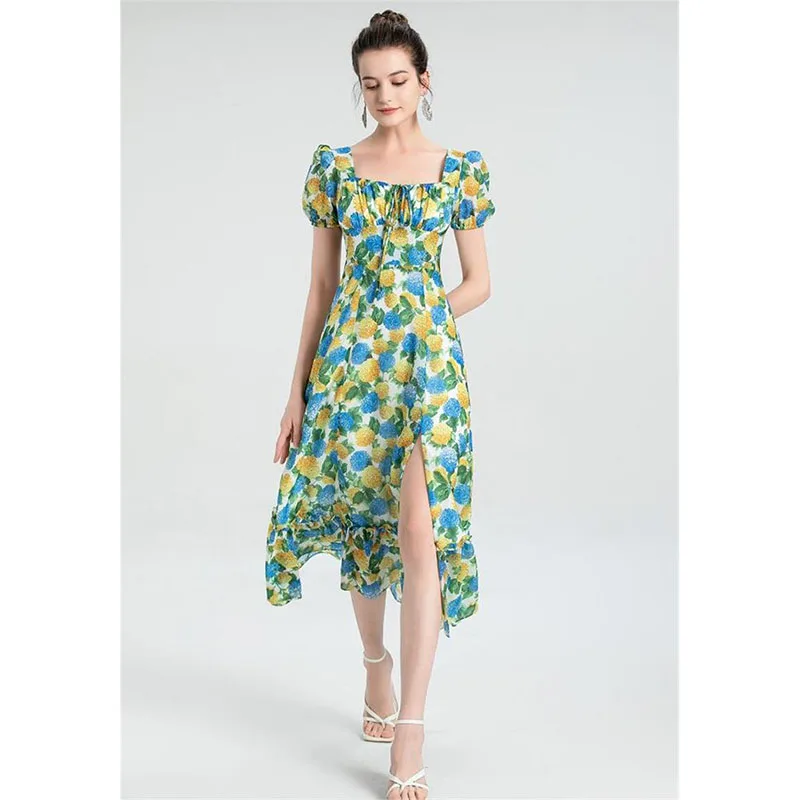 

Women Dress High Quality 2021 New Designer Runway Summer Square Collar Short Sleeves Print Casual Dress NP1692N