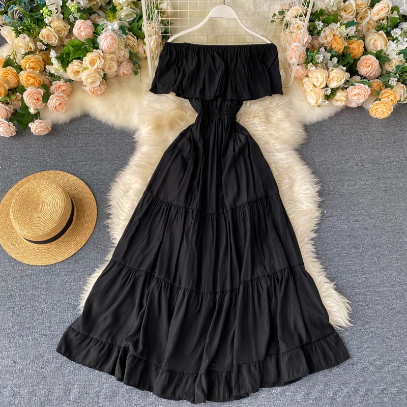 SINGRAIN Women Summer Off Shoulder Maxi Dress Solid Ruffles Dress Elegant Romantic A-Line Dress Korean Sexy Slash Neck Long Robe