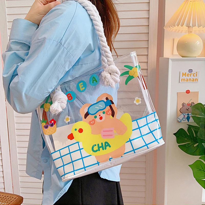 

Jelly Transparent Shoulder Bags For Female Waterproof Large Capacity Beach Bag Cute Bear Rabbit Women Kawaii Shopping bag WY15