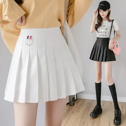 Mini saia plissada feminina, saia de cintura alta, estilo escolar branco coreano, preta, linha a, comprimento médio, sexo, verão, 2021