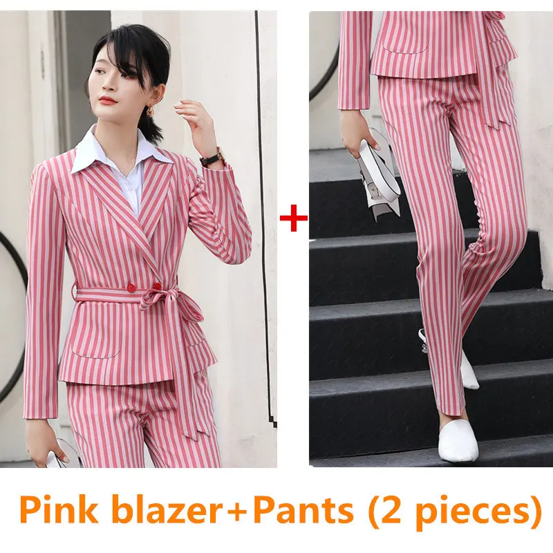 Pink blazer pants Dushicolorful Новое поступление Блейзер Брюки Костюмы Высокое качество для женщин OL комплект из 2 предметов полосатый пояс Блейзер Дамская куртка и брюки комплект - Цвет: Pink blazer pants