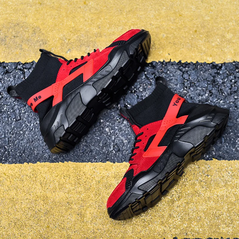 New High Top Platform Sneakers Men Fly Weave Stretch Sock Shoes Hip Hop Street Men Chunky Black Red Trainers Sneakers Thick Sole