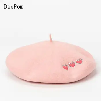 

DeePom Boina Feminina 100% Wool Beret Women Winter Hat Female Flat Cap Embroidery Love Heart Pink Gorras Fashion Warm Berets New