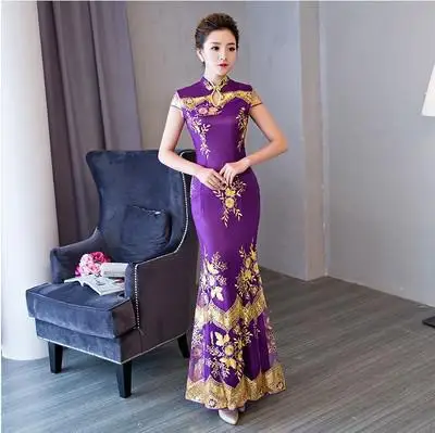 Вышивка цветок для женщин тонкий Cheongsam китайский стиль вечернее платье Русалка Элегантное платье с блестками для сцены шоу Ципао Vestido 4XL - Цвет: Purple
