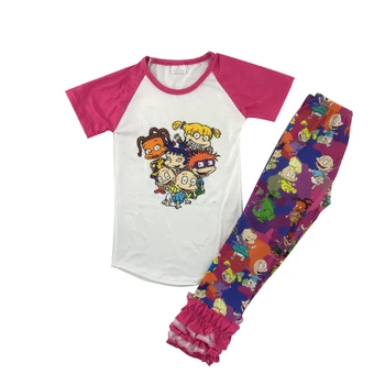 

short sleeve bright color outfits summer girls ruffle legging set with cartoon pattern