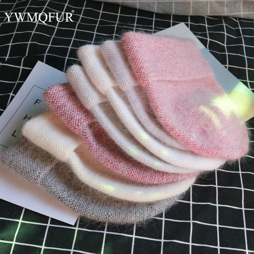 

Winter Vintage Rabbit Fur Knitted Skullies Hat For Women Female Beanie Caps Solid Thick Warm Lady Gorro Ski Girl Hats 2019 New