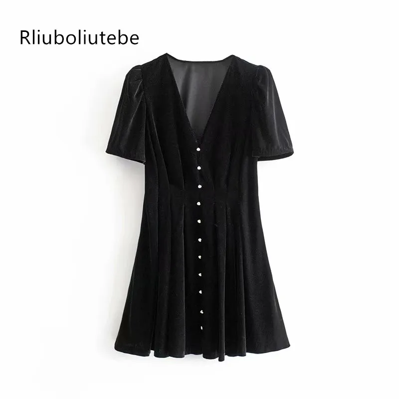 Черное бархатное платье с пышными рукавами, женское осенне-зимнее сексуальное мини-платье на пуговицах, элегантное женское плиссированное платье