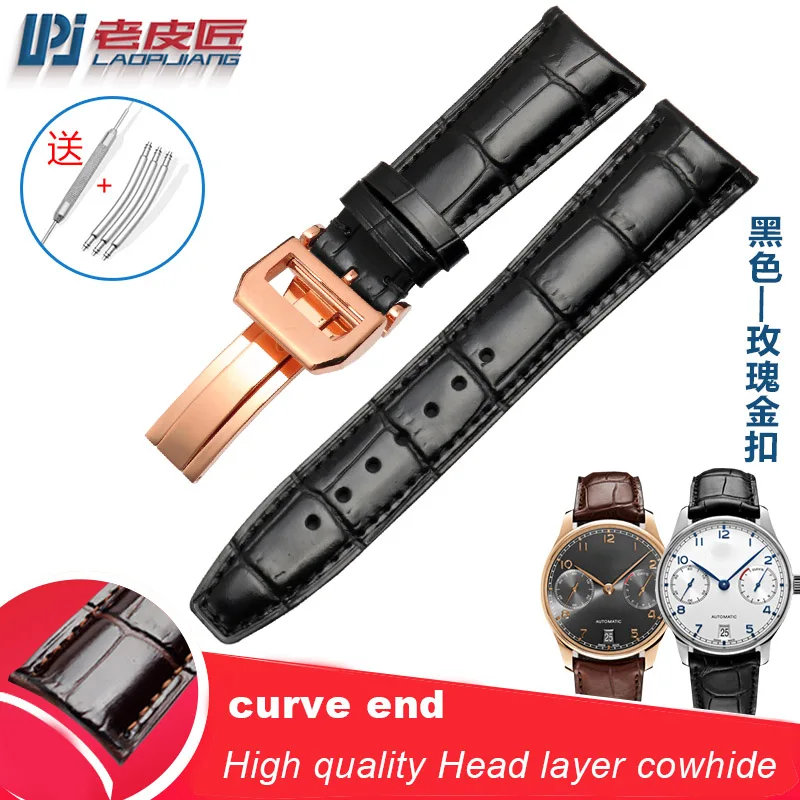 black rose buckle High quality Head layer cowhide genuine leather bracelet 22mm watch strap curve end watchband Business watch wristwatches band - Цвет ремешка: black rose buckle