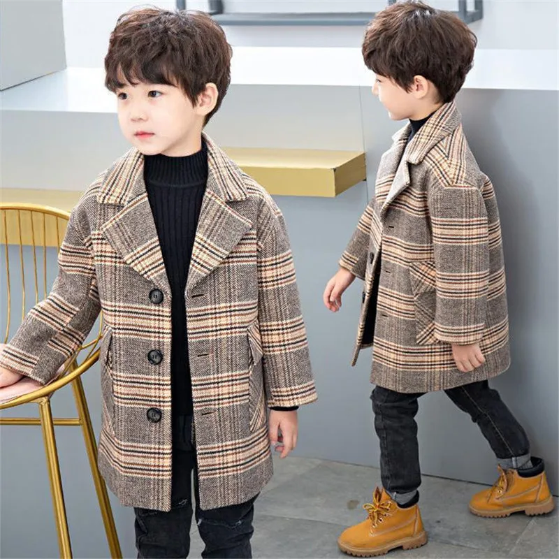 

Plus Cotton Jacket For Boys Woolen Coat For Autumn 2024 New Fashion Plaid Turn Collar Single-Breasted Kids Trench Clothes 90-160
