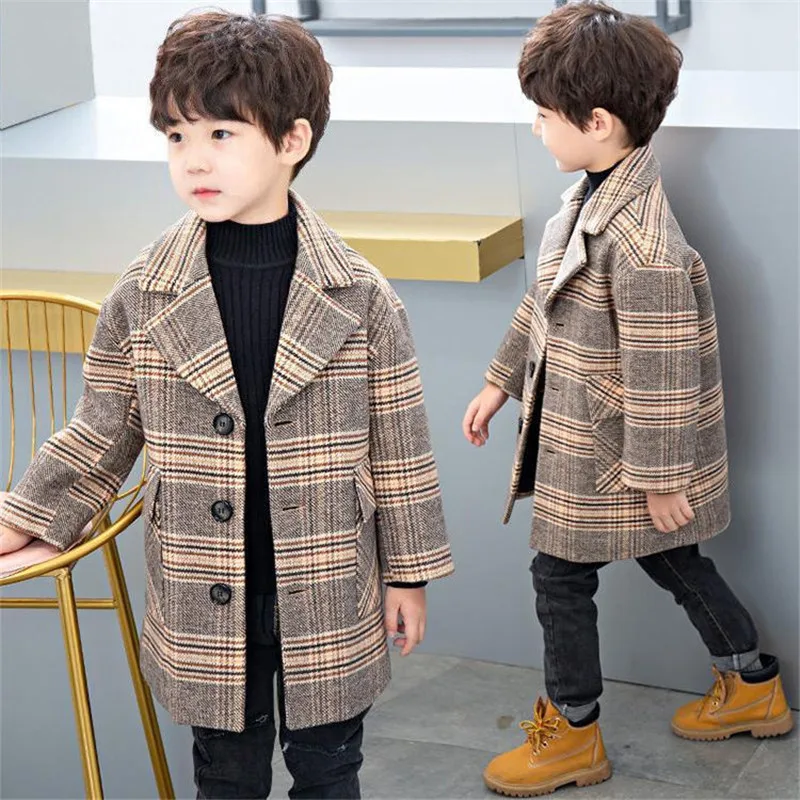 Plus Cotton Jacket For Boys Woolen Coat For Autumn New Fashion Plaid Turn Collar Single-Breasted Kids Trench Clothes 90-160