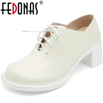 

FEDONAS Concise Cross Tied Genuine Leather Women's Shoes 2020 Autumn Platform Chunky Heels Pumps Wedding Office Shoe Woman Heels