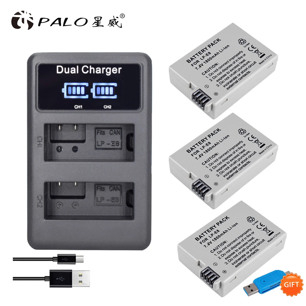 

3pcs LP-E8 LPE8 LP E8 1800mah 7.4V battery + smart LCD display Dual charger for Canon EOS 550D 600D 650D 700D X4 X5 X6i X7i T2i