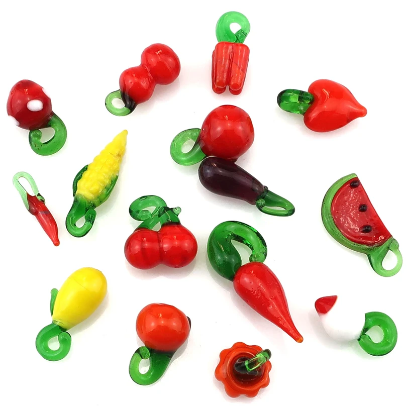 20Pcs/Lot Glass Assorted Red Hot Chili Pepper Vegetables Charms кулон Fruit Strawberry Watermelon Pendant For Necklaces Jewelry