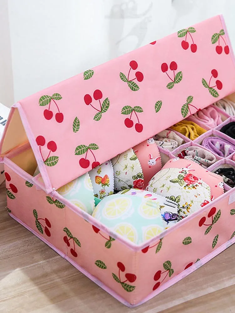 Cherry Pattern Storage Boxes Oxford Fabric Closet Organizer For Scarfs Socks Cover Wardrobe Drawer Separated Clothes Storage Box 4