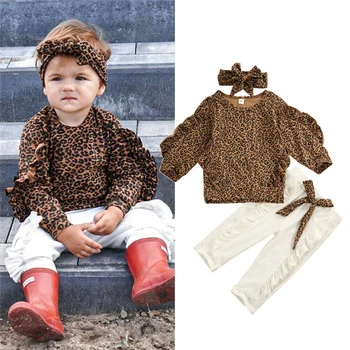 

Autumn Winter New Children Clothing Girls Baby Ruffle Leopard T shirt Tops + Pants + Headband Suit Baby Clothes Suit 1-5T
