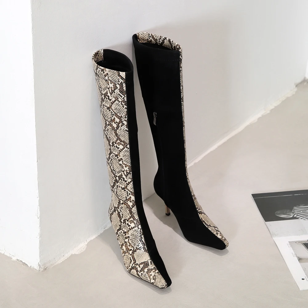 ODS Mixed Colors Snake Print Leather Winter Boots Womens Knee High Women High Heels Boots Pointed Toe Shoes Female Shoes Ladies