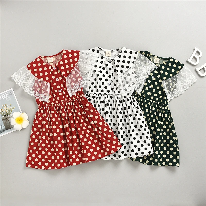 Кружевное платье с короткими рукавами для девочек; праздничное платье для девочек; платья в горошек для дня рождения; детская повседневная одежда; элегантные платья для девочек