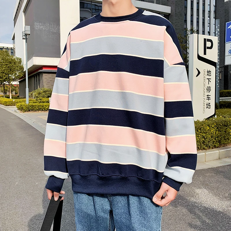 

Plus Velvet Striped Hoodie Men's Fashion Hit Color Casual O-neck Sweatshirt Men Streetwear Loose Hip Hop Hoodies Mens Hoody