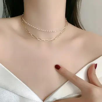 

Choker Retro Short Double Layer Pearl Chain Necklace French Stacked Multilayer Fashionable Choker Necklace