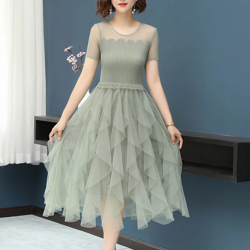 

Mesh Dress 2019 New Style Summer Ozhouzhan Western Style Waist Hugging Pleated Slim Fit over-the-Knee Long Skirts Elegant Fairy