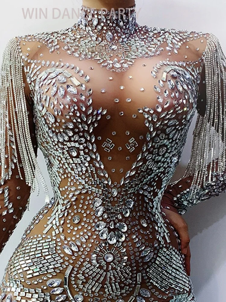 SparklyMirror Birthday Outfit For Women Party Bling Fringe Dress Modern Dance DJ Team Show Rave Pole Dance Clothing Costume