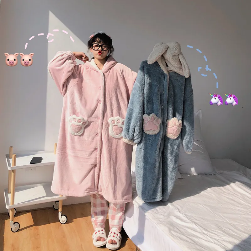 

Autumn And Winter Japanese-style Short-height Pajamas Nightgown plus Velvet Loose-Fit Home Wear Hooded Long Nightgown Coral Velv