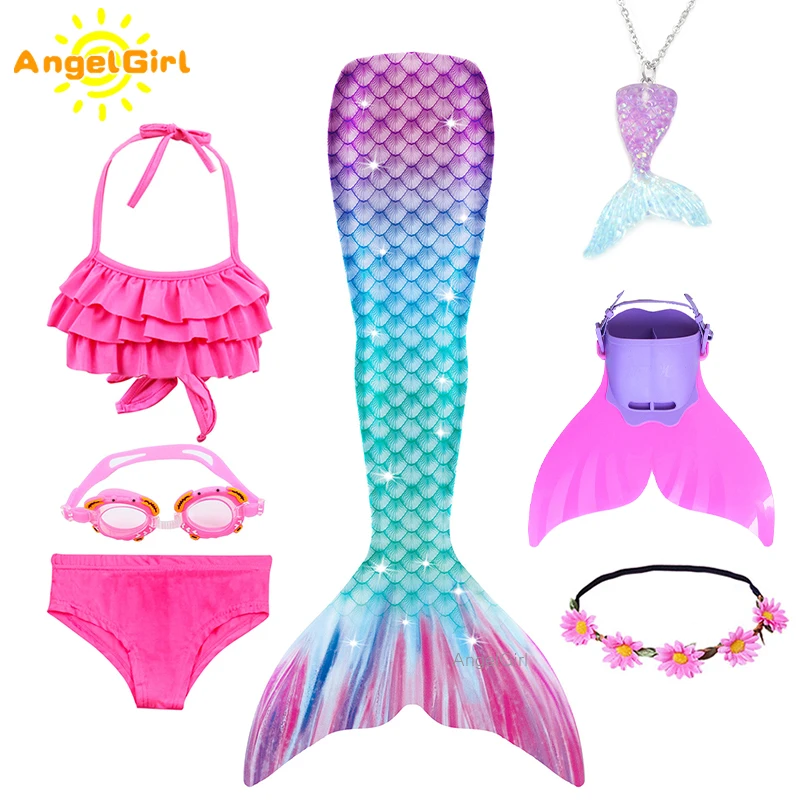 AngelGirl Mermaid Tails With Monofin Bikini Bathing Children Suit Swimsuit Kids Cosplay Costume Swimmable Christmas Gifts | Тематическая