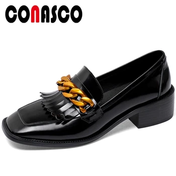 

CONASCO New Arrival Women Loafers Patent Leather Casual Shoes Fringe Chain Decoration Shoes Middle Heels Square Toe Shoes Woman