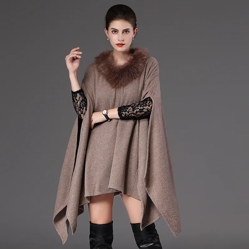 

New 2019 Autumn Winter Knitted Cloak Sweaters Women Europe Designer Loose Faux Fox Collar Pullover Long Sexy Split Ruffle Jumper