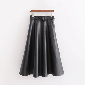 

Women Black PU Midi Skirts Fashion Elegant Ladies High Waist Faux Leather With Belt Zipper Loose Long Skirt Jupe Femme Faldas