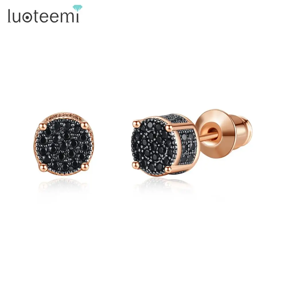 LUOTEEMI, блестящие черные/белые круглые серьги-гвоздики с кубическим цирконием для женщин, для свиданий, золотой цвет/розовое золото, модное ювелирное изделие, подарок