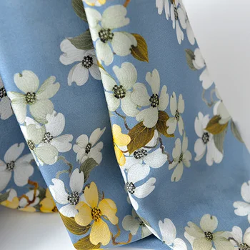 

Half Meter Blue Bottom With Peach Blossom Print 100% Silk Fabric For Iady's Summer Dress Skirt Cheongsam Material T1346