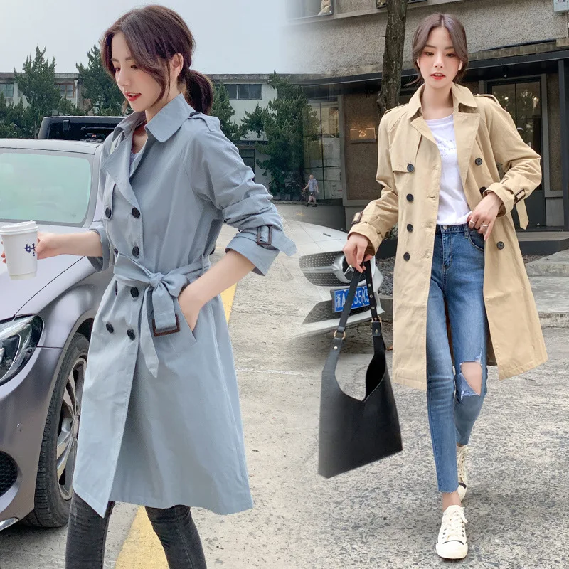 

Trench Coat Women's Mid-length Short-height 2019 Autumn England Elegant over-the-Knee Loose-Fit Trench Coat 2019 New Style Korea
