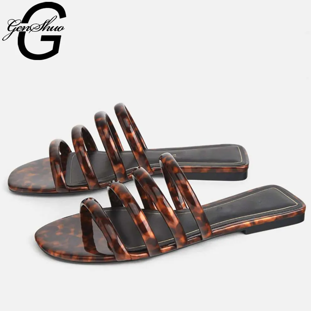 

GENSHUO 2019 New Summer Slide Slippers For Woman Fashion Outdoors Comfortable Flat Heels Slippers Summer Beach Shoes Brown Size