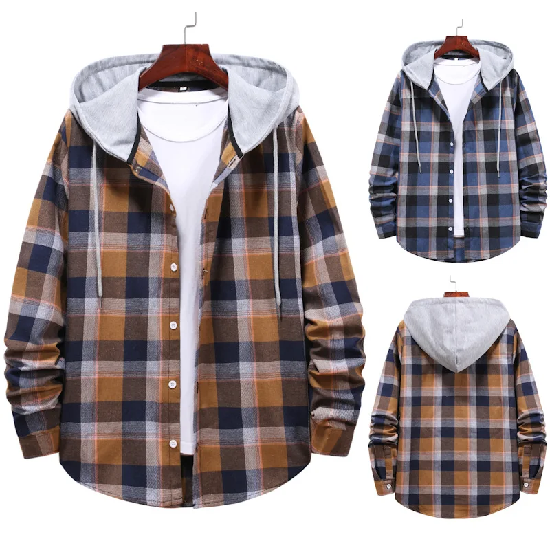 Men's Fashion Long Sleeve Stitching Plaid Hooded Shirt Spring/Autumn Casual Thin Jacket Street Style Retro Shirt Button Up Shirt