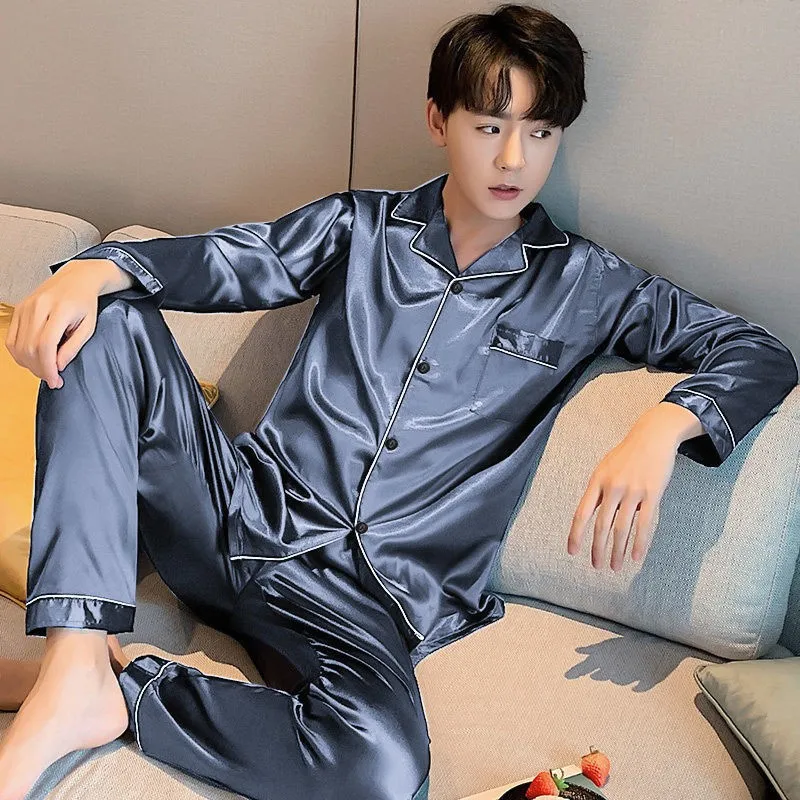 Men Satin Pajamas Set Navy Blue 2PCS Shirt &Pants Pyjamas Suit Long Sleeve Couple Sleepwear Nightwear Plus Size 3XL 4XL 5XL
