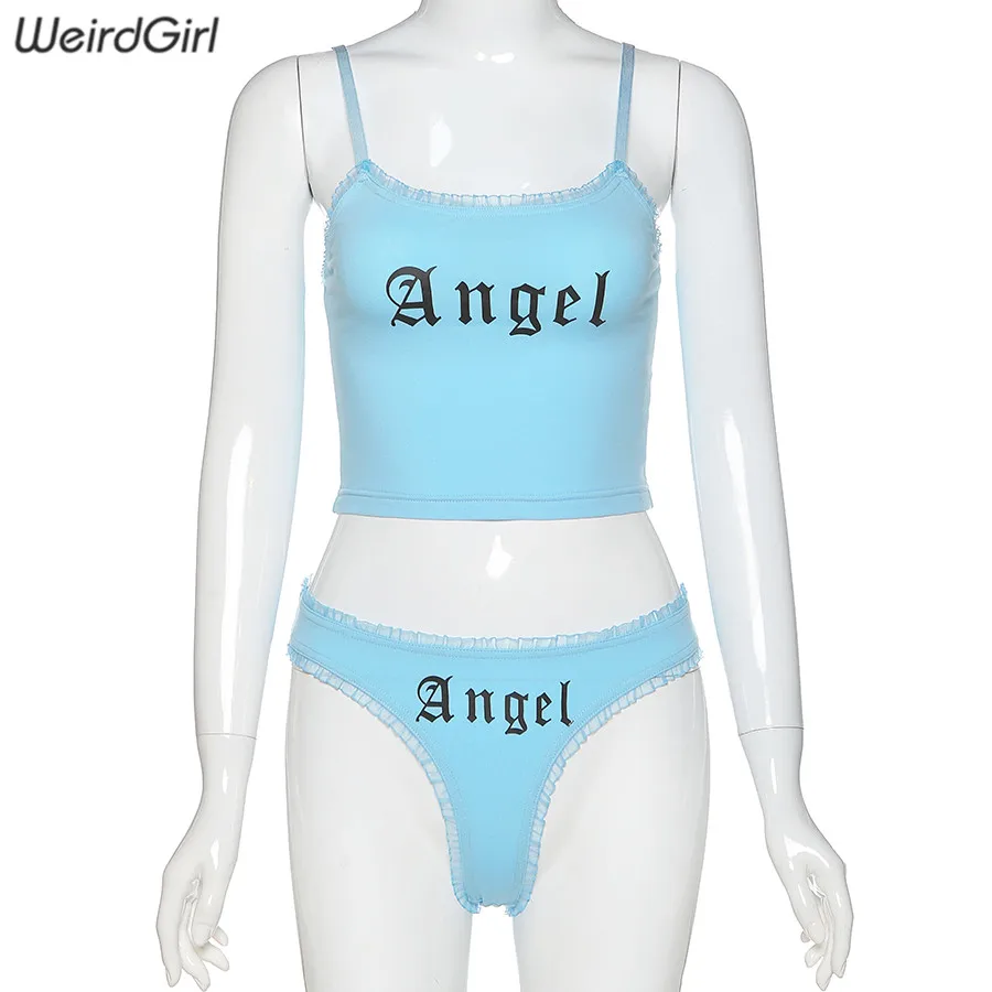 Women Angel Print Sets Lace Two Pieces Sexy Tank Top Elastic Sets 2020 Summer Slim Beach Vacation Underpant Sets Swimming Suits