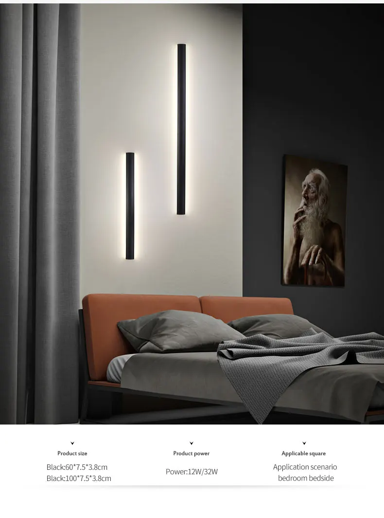 Wall lamp linear LED extreme simple strip lamp Nordic minimalist living room sofa background wall bedroom bedside lamp wall mounted bedside lights