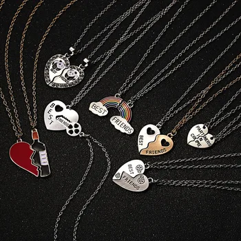 

Trendy Stitching Necklace Best Friends Rainbow Heart-Shaped Pendant Stitching Necklace For Women Long Chain Friendship Jewelry
