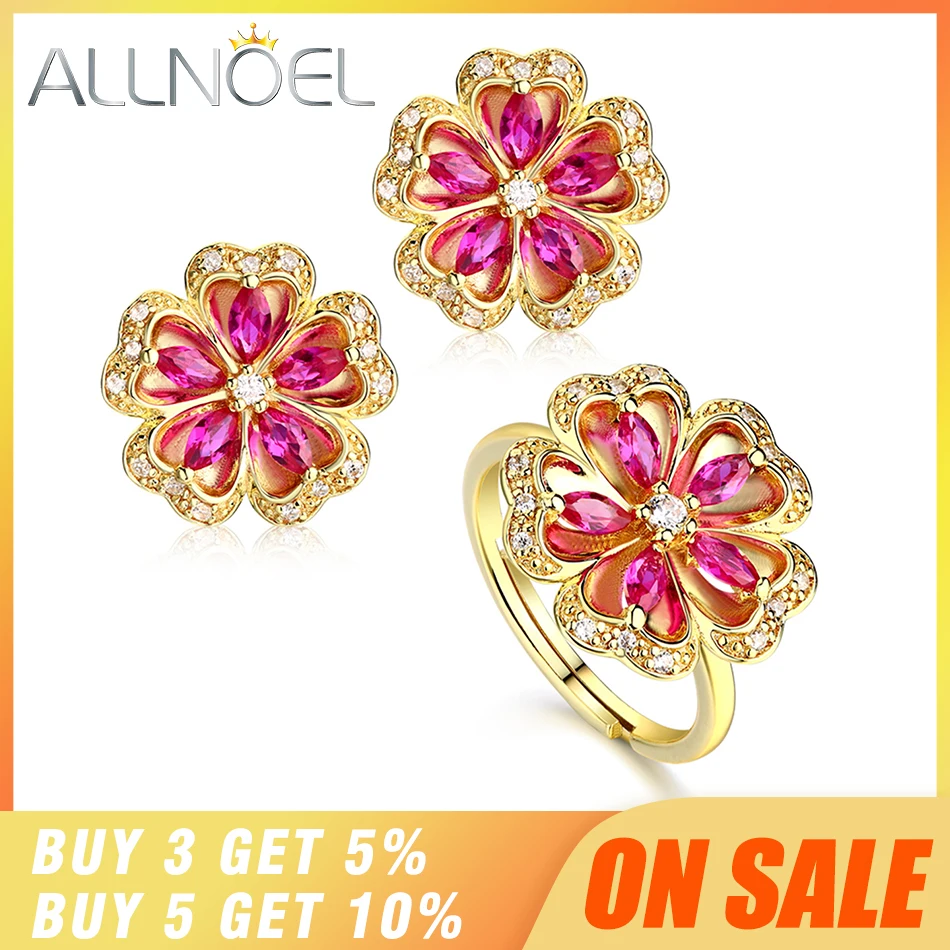 ALLNOEL, настоящее 925 пробы, серебряные ювелирные наборы, красный корунд, цветок, кольцо, серьги-гвоздики для женщин, 14K золото, роскошные ювелирные изделия