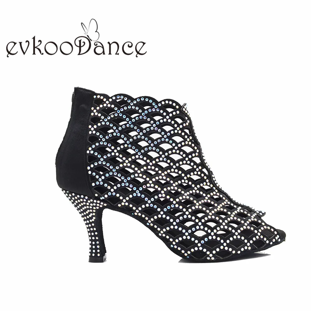 Evkoodance black dance shoes latin with rhinestone women size US 4-12 heel height 7cm Professional Evkoo-638